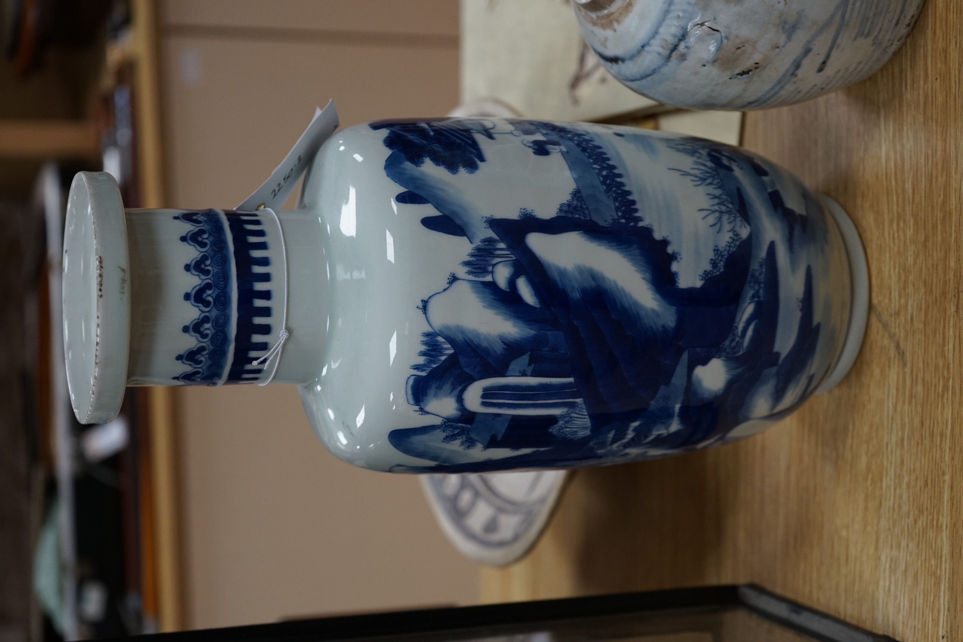 A Chinese blue and white rouleau vase and two jars, 19th century and later, 38cm